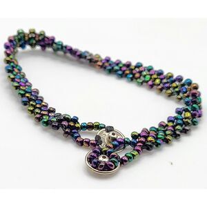 Woven Beaded Oil Spill Bracelet Floral Snap Clasp Closure 6.5in